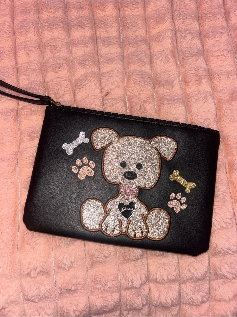 Guess Black Wristlet Clutch with Glitter Dog Applique and Pink Accents